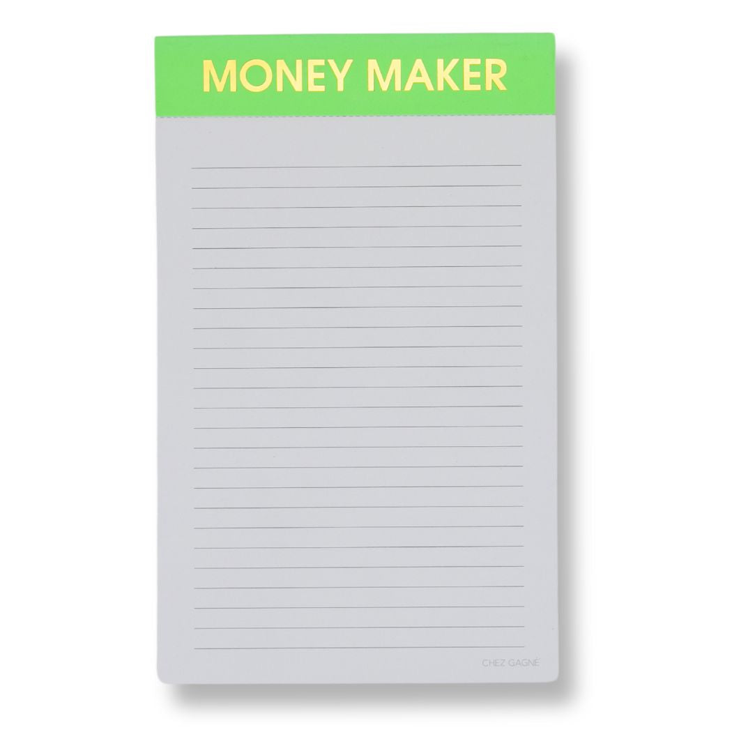 Neon green Money Maker lined notepad by Chez Gagné