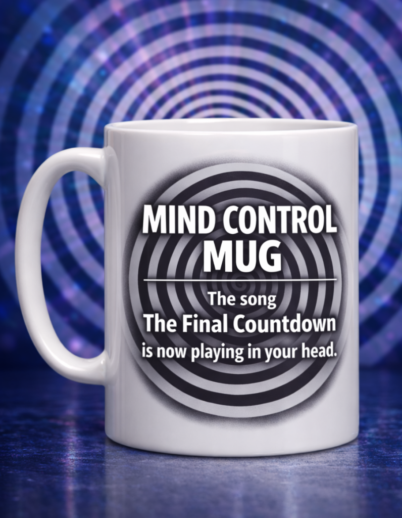 Mind Control Earworm coffee mug with hypnotic spiral Final Countdown design