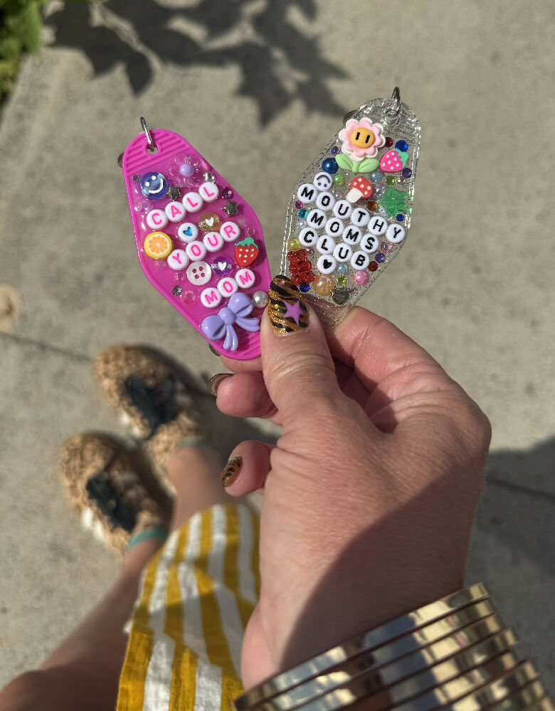 Handmade resin and bead motel keychain with a custom phrase